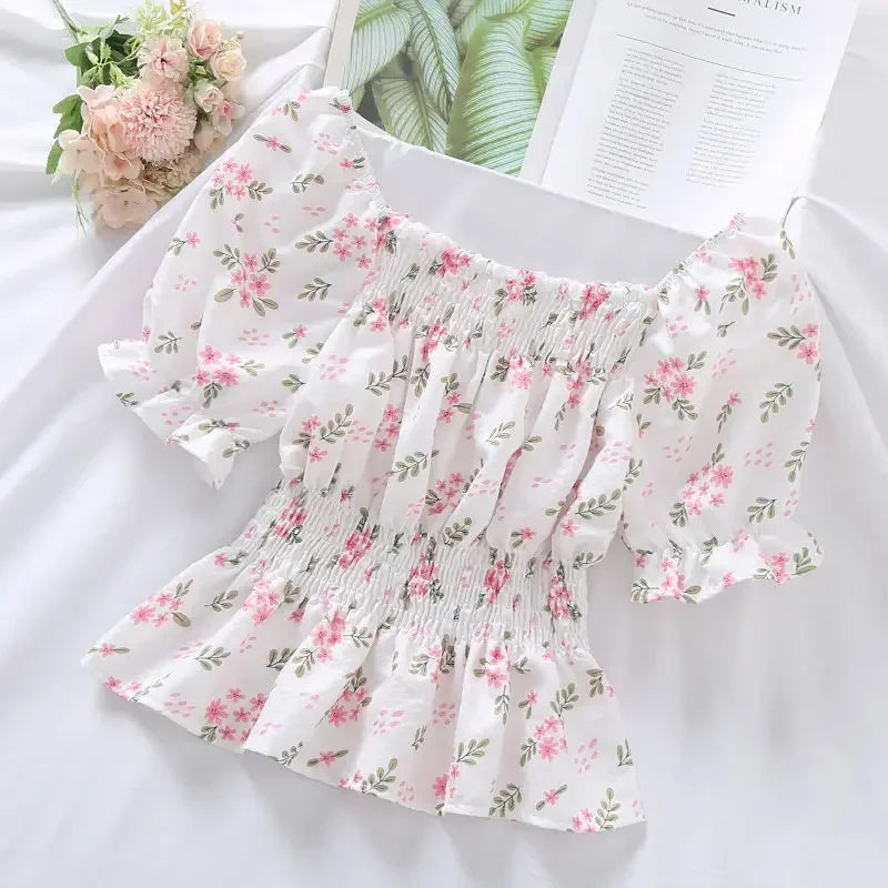 Sweet Broken Flower Slash Neck Women Blouse Agaric Edge Pleat Design Slim Elastic Waist Cropped Top Cute Chiffon T-shirt Summer - Matrix-studios.com