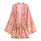 Boho Queens Multi Floral Print Sashes Short Kimono Women Bohemian V Neck Batwing Sleeves Rayon Robe Beach Bikini Cover-up - Matrix Studios