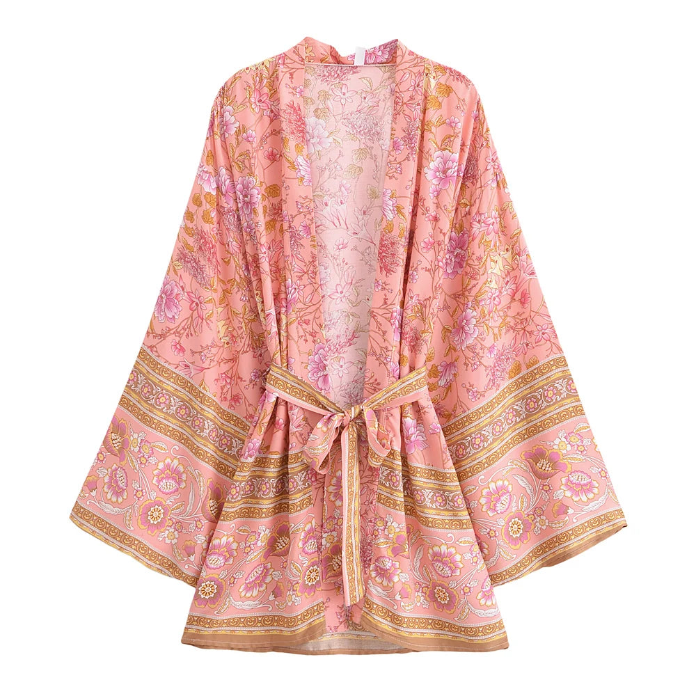Boho Queens Multi Floral Print Sashes Short Kimono Women Bohemian V Neck Batwing Sleeves Rayon Robe Beach Bikini Cover-up - Matrix Studios