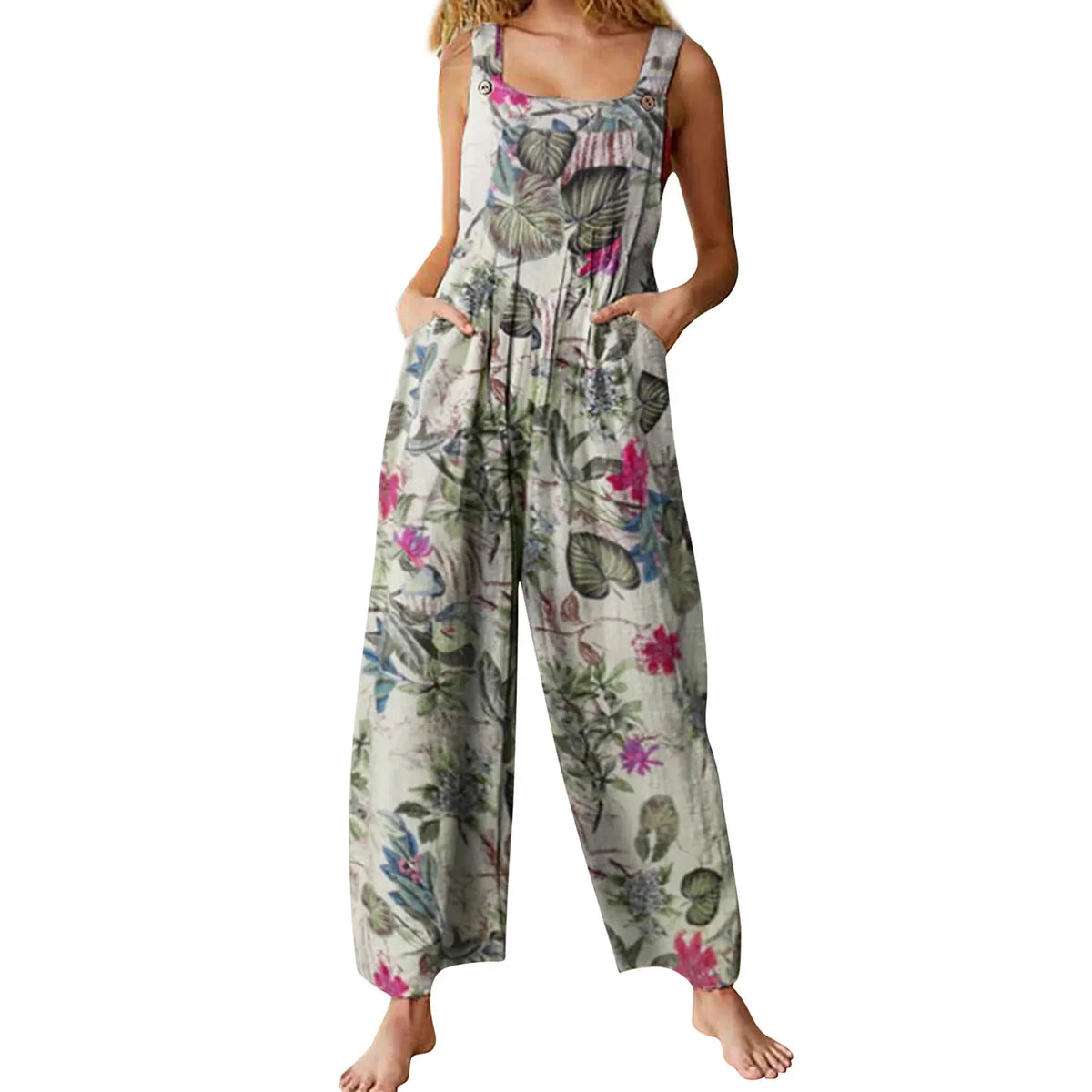 Women Plus Sizes Jumpsuit Leaf Floral Print Square Neck Sleeveless Fashion Casual Overalls with Pockets - Matrix Studios