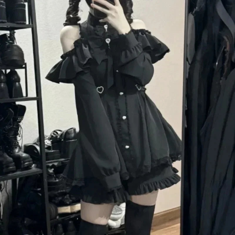 Y2k Aesthetic Lolita Style Bow Dress Shorts Set Japanese Women Gothic Lace Flare Sleeve Button Shirt Dress Punk Party Mini Dress - Matrix-studios.com