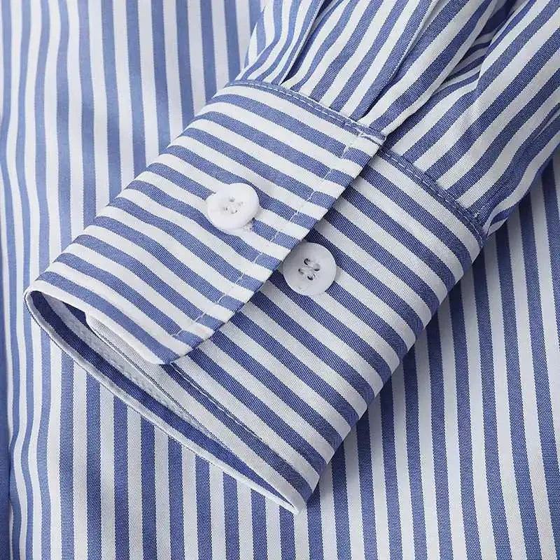 Women Spring Summer Blouses Shirts Lady Fashion Casual Long Sleeve Turn-down Blue Stripes Blusas Tops - Matrix-studios.com