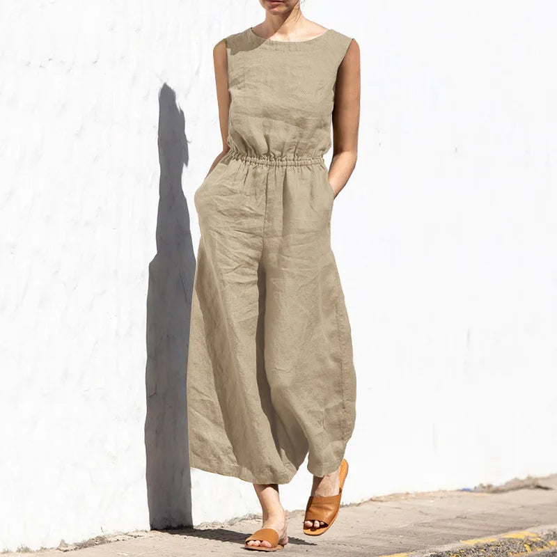 Cotton And Linen Jumpsuit Women Solid Color Sleeveless Pocket High Waist Wide Legs Jumpsuits Casual Commuting Ladies Bodysuits - Matrix Studios