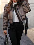 Ailegogo New Autumn Winter Women Loose Short Retro Faux Lamb Fur Coat Streetwear Female Zipper Belt Jacket Outwear - Matrix Studios