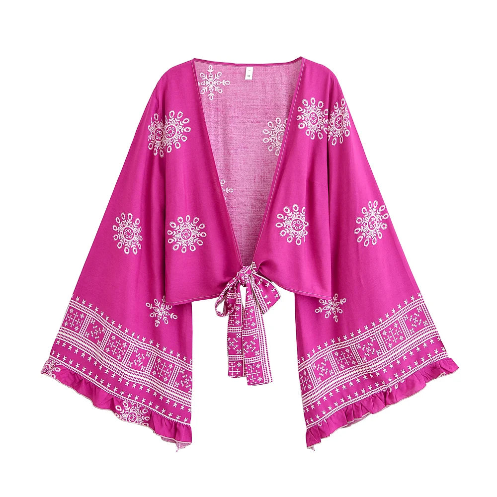 Boho Queens Women Wild Floral 2025 Short Bohemian Kimono Ruffles Flare Sleeves Vacation Beach Summer Bikini Boho Cover-ups - Matrix Studios