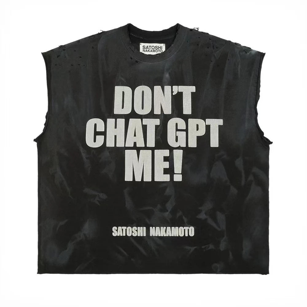 Hole SATOSHI NAKAMOTO Letter Print Washed Distressed Ripped Sleeve Tank Top Sleeveless T Shirt Men Women T-Shirt - Matrix-studios.com