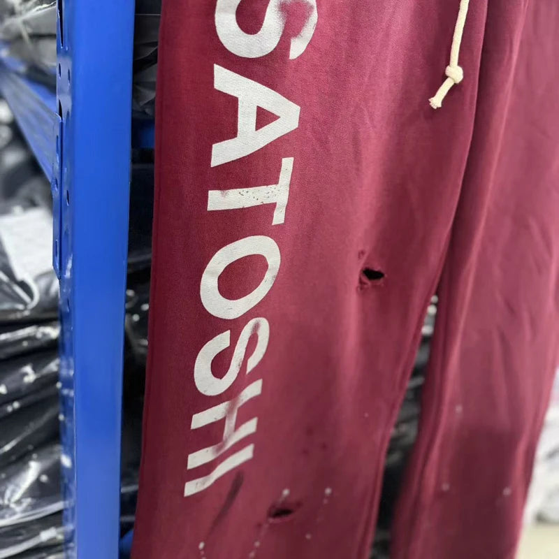 Quality Real Picture Sweatshirt Casual Pants Ink Splatter Waist Ripped Hole Drawstring Sports Satoshi Nakamoto Sweatpants - Matrix-studios.com