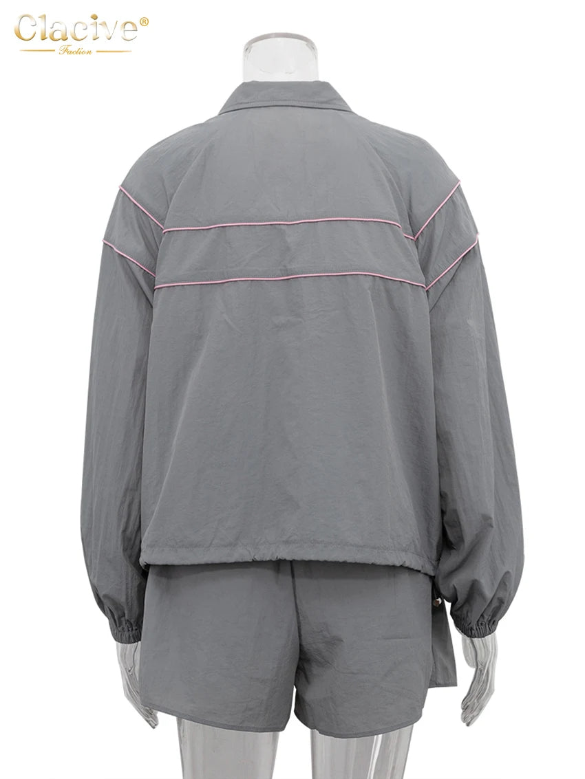 Clacive Fashion Loose Gray 2 Piece Sets Women Outfit 2024 Elegant Long Sleeve Shirt With High Waist Shorts Set Female Streetwear - Matrix-studios.com