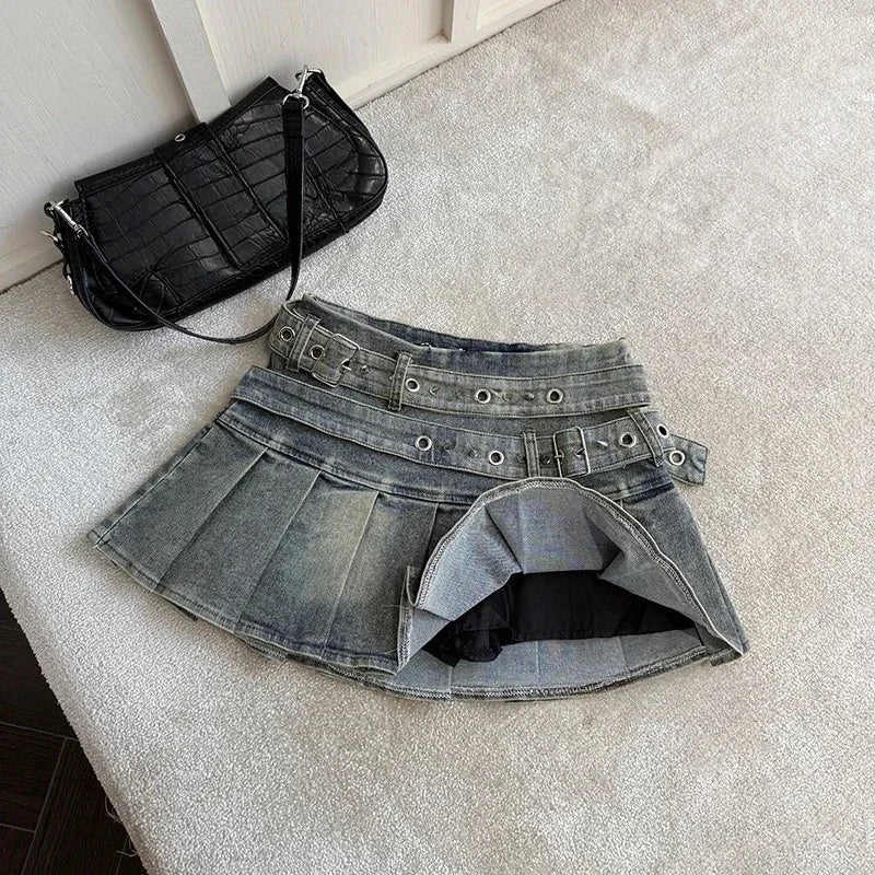 Women's Blue Black Riveted Belt Denim Skirt Y2K Harajuku High Street Fashion 90s Sexy A-line Mini Skirt Summer Clothing 2026 New - Matrix-studios.com