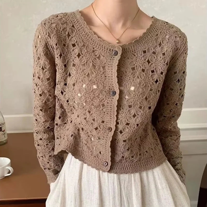 Long Sleeve Crochet Top for Women Sheer Button Up Hollow Out Openwork Knit Cardigan Jacket Spring Summer Boho Vacation Outfit - Matrix Studios