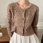Long Sleeve Crochet Top for Women Sheer Button Up Hollow Out Openwork Knit Cardigan Jacket Spring Summer Boho Vacation Outfit - Matrix Studios