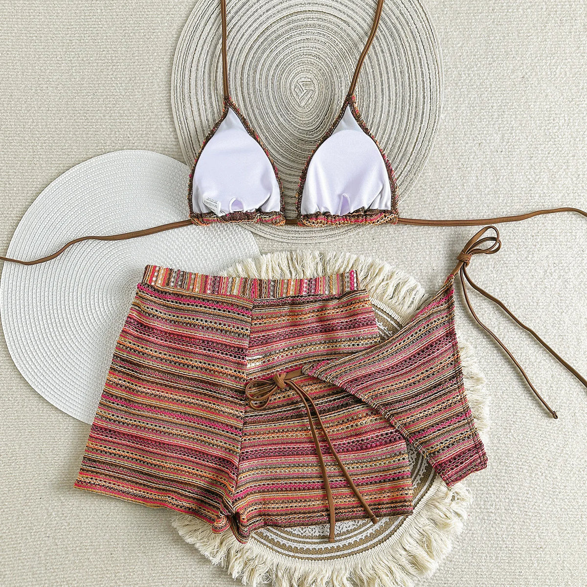 Sexy Knitted Striped Halter Tie Bikinis Sets Three Pieces with Shorts Swimsuits Beachwear Bathing Suit Swimwear Biquini Tankini - Matrix-studios.com
