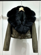 Lagabogy 2024 Big Real Fox Fur Women Vintage Pu Faux Leather Short Jacket With Belt Streetwear Female Zipper Retro Coat Outwear - Matrix Studios