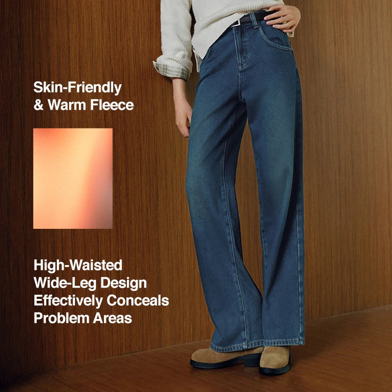 Semir Jeans Women Wide Leg Fleece Lined Comfortable High Waist Winter 2025 New Floor-Length Pants with Leg-Elongating Effect - Matrix-studios.com