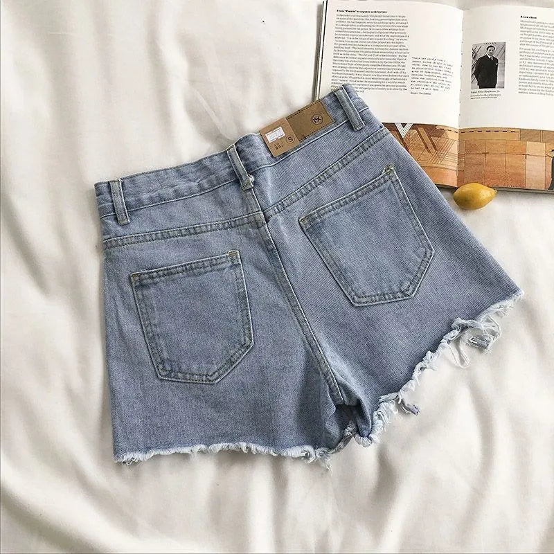 Korean Denim Shorts Women Summer Fashion Casual High Waist Ripped Jeans Pocket Tassel Y2K Hot Pants Streetwear Blue Trousers - Matrix Studios