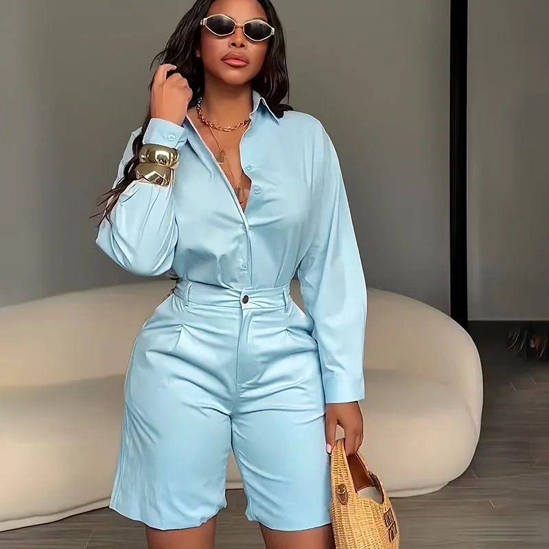 Doyerl Solid Elegant Fashion Two Piece Set Women Clothing Casual Long Sleeve Shirt Top and Shorts Matching Sets Ensembles Femme - Matrix-studios.com