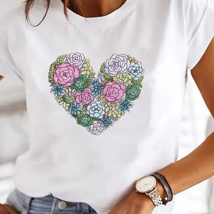Y2k Love Heart Print Women Summer T Shirt Girl O Neck Funny Y2K Tops Tee Female 90s Casual Clothing - Matrix-studios.com