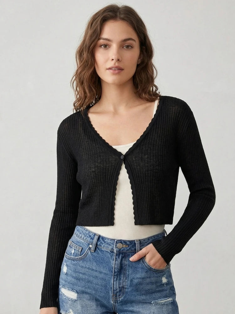 Women Cardigans Long Sleeve Knitted Outerwear Solid Thin Spring Short Sweaters V-neck Knitwears Korean Fashion Cardigans 2026 - Matrix Studios