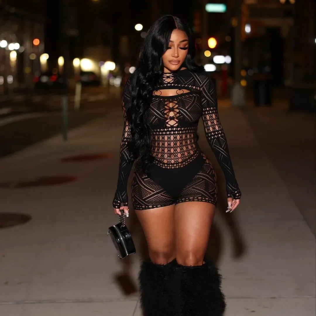 Women's Sexy Long Sleeve Jumpsuit See Through Outfit Sheer Mesh Hollow Out Night Club Short Romper - Matrix Studios