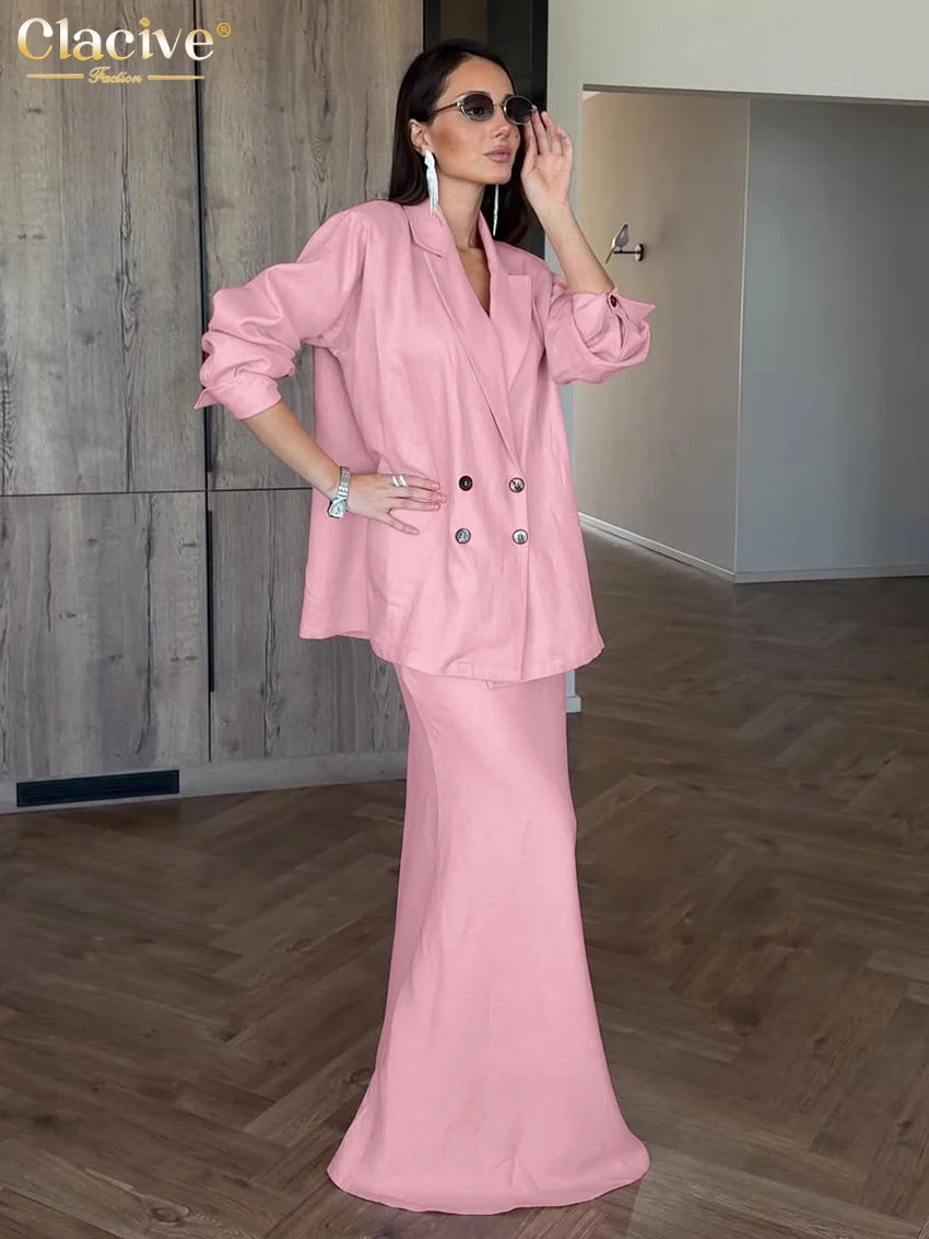 Clacive Fashion Loose Pink Cotton Office Women 2-Piece Sets 2027 Winter Long Sleeve Blazer With High Waist Maxi Skirt Set Female - Matrix-studios.com