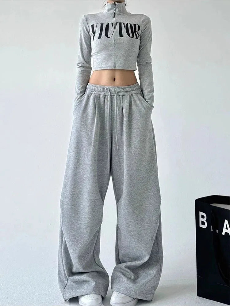 Y2K Harajuku Wide Leg Sweatpants Women Streetwear Baggy Oversize Gray Sports Pants High Waist Drawstring Casual Joggers Trousers - Matrix-studios.com