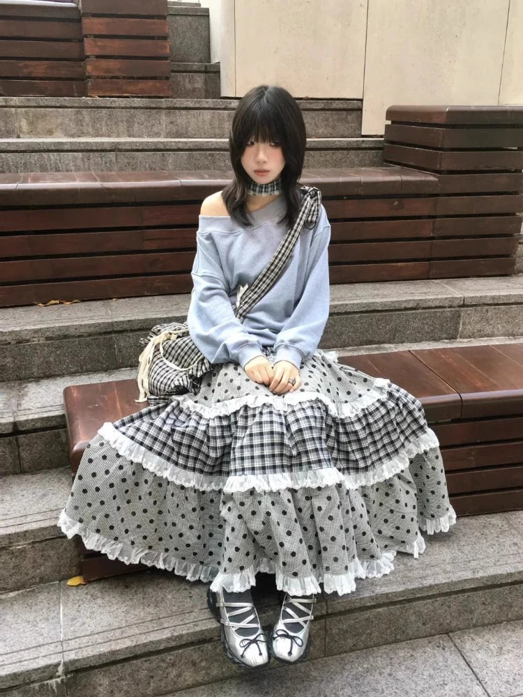 2000 Aesthetic Gray Design Polka Dot Skirt Women New American Retro Cute Skirts Female A-line Hottie Lace Korean Popular Clothes - Matrix-studios.com