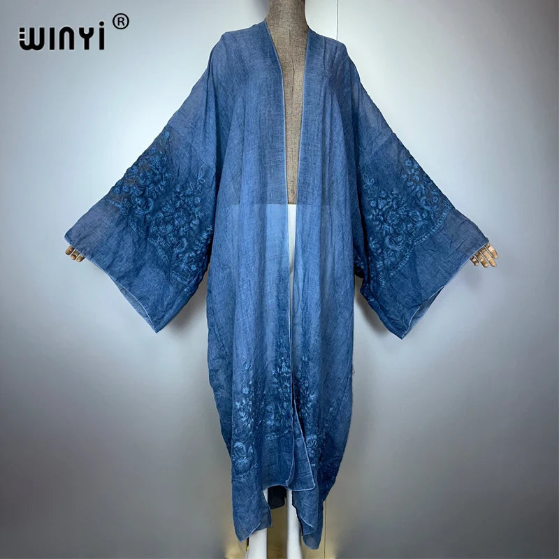 WINYI Kimono Hand-Dyed Embroidered Cardigan Beachwear Evening Dress Abaya Dubai Luxury Cover-Ups Beach Outfits Women Maxi Coat - Matrix Studios
