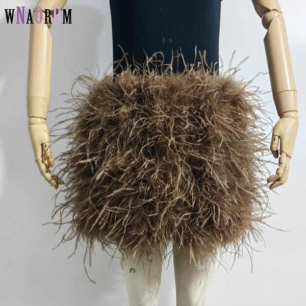 Real feather mini skirt, elastic waist sexy clothing, club, party dance party carnival short skirt can be customized in size - Matrix Studios