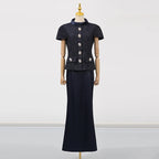 VGH Chic Two Piece Sets for Women Stand Collar Short Sleeves Spliced Pocket Tweed Top High Waist Maxi Skirts Vintage Suit Female - Matrix-studios.com