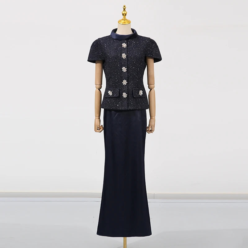 VGH Chic Two Piece Sets for Women Stand Collar Short Sleeves Spliced Pocket Tweed Top High Waist Maxi Skirts Vintage Suit Female - Matrix-studios.com