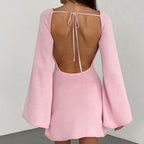 New sexy Backless Round Collar Cover-Ups Solid Color Knit Beachwear Stylish Horn Sleeve Beach suit Female Holiday wrap Dress - Matrix Studios