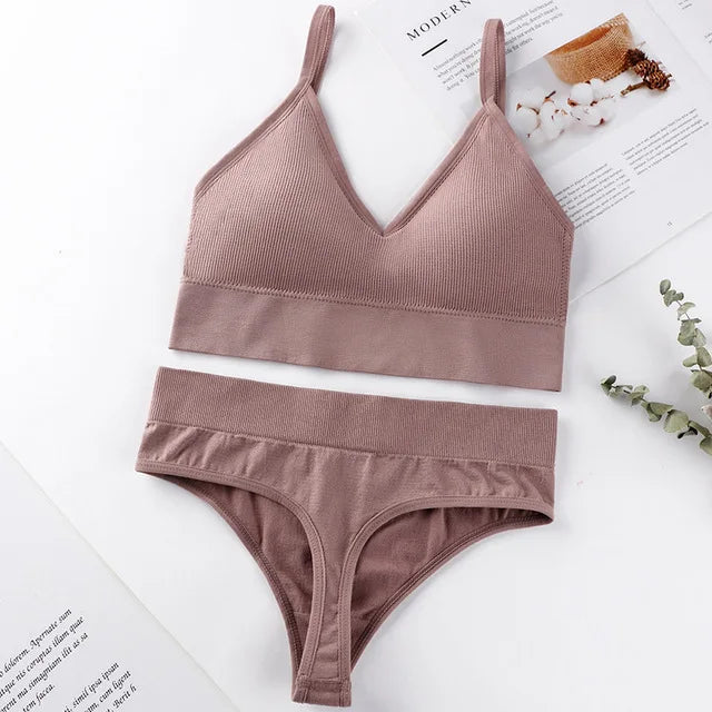 Qisin French Backless Push Up Underwear Set Women Sexy Seamless Bralette Female Lingerie Soft Tank Crop Top Gym Sport Bra Set - Matrix-studios.com