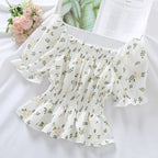 Sweet Broken Flower Slash Neck Women Blouse Agaric Edge Pleat Design Slim Elastic Waist Cropped Top Cute Chiffon T-shirt Summer - Matrix-studios.com