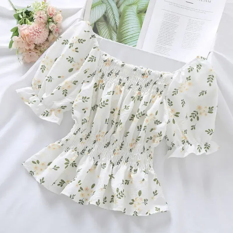 Sweet Broken Flower Slash Neck Women Blouse Agaric Edge Pleat Design Slim Elastic Waist Cropped Top Cute Chiffon T-shirt Summer - Matrix-studios.com