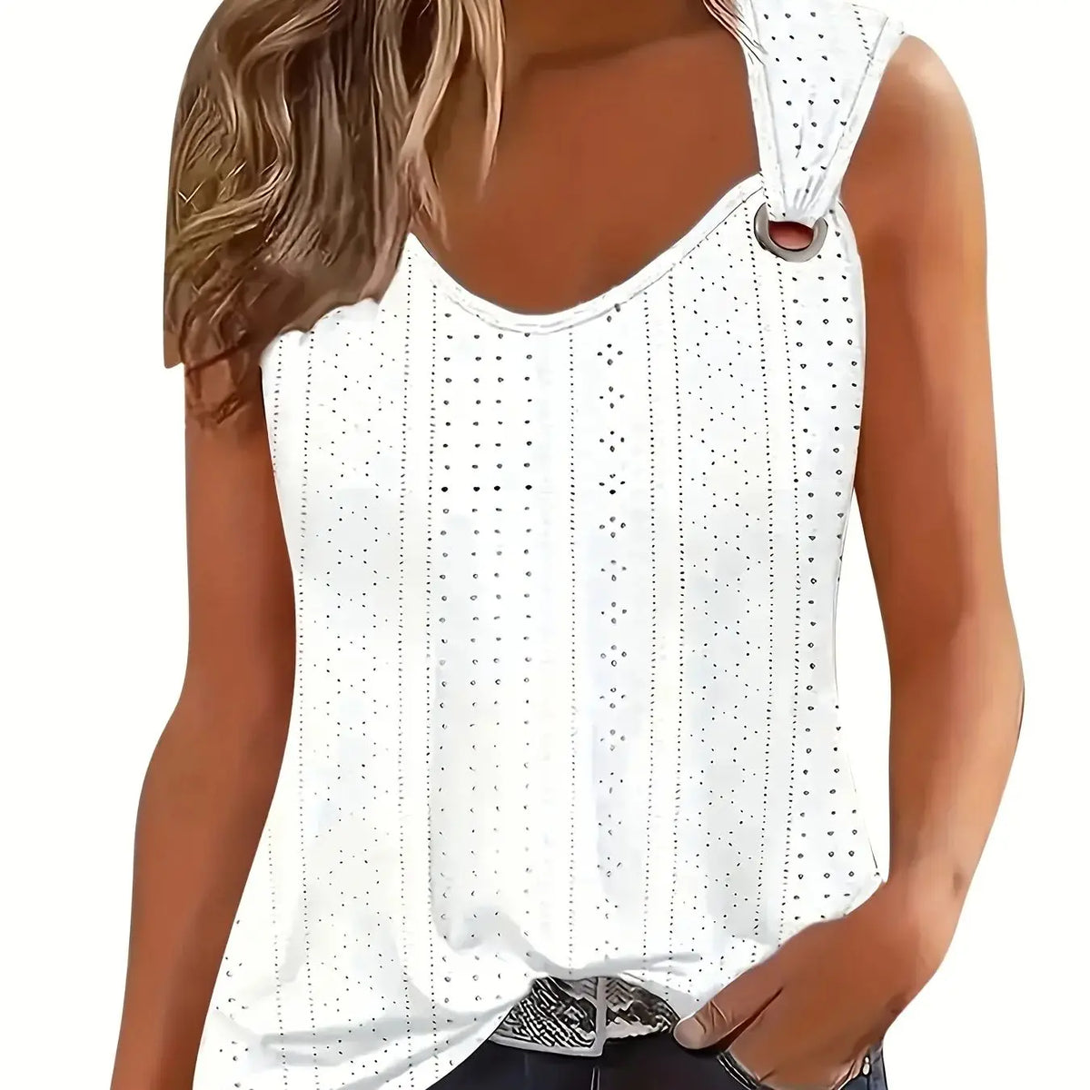 Women's Eyelet Embroidery Tank Top Symmetrical Straps with Buckle V Neck Casual Sleeveless Cami Tops - Matrix-studios.com
