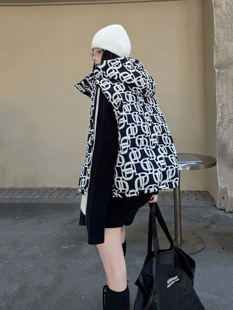 Autumn Winter Hooded Letters Printed Down Vest Women White Duck Down Sleeveless Casual Vests Female Warm Zipper Loose Waistcoats - Matrix Studios