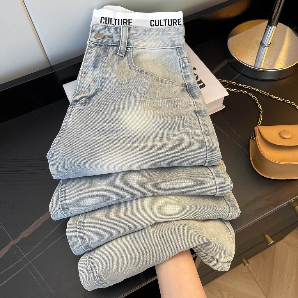 American Vintage Ripped Patchwork Jeans For Women New Spring Fall Light Blue High Waist Slim Loose Wide Leg Denim Trousers Stree - Matrix-studios.com