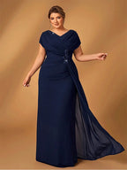 Suhdeuwsh Plus Size Luxury Mom Wedding Reception Party Luxury Shiny Plus Size Chiffon Mother Navy Blue Evening Dress - Matrix-studios.com