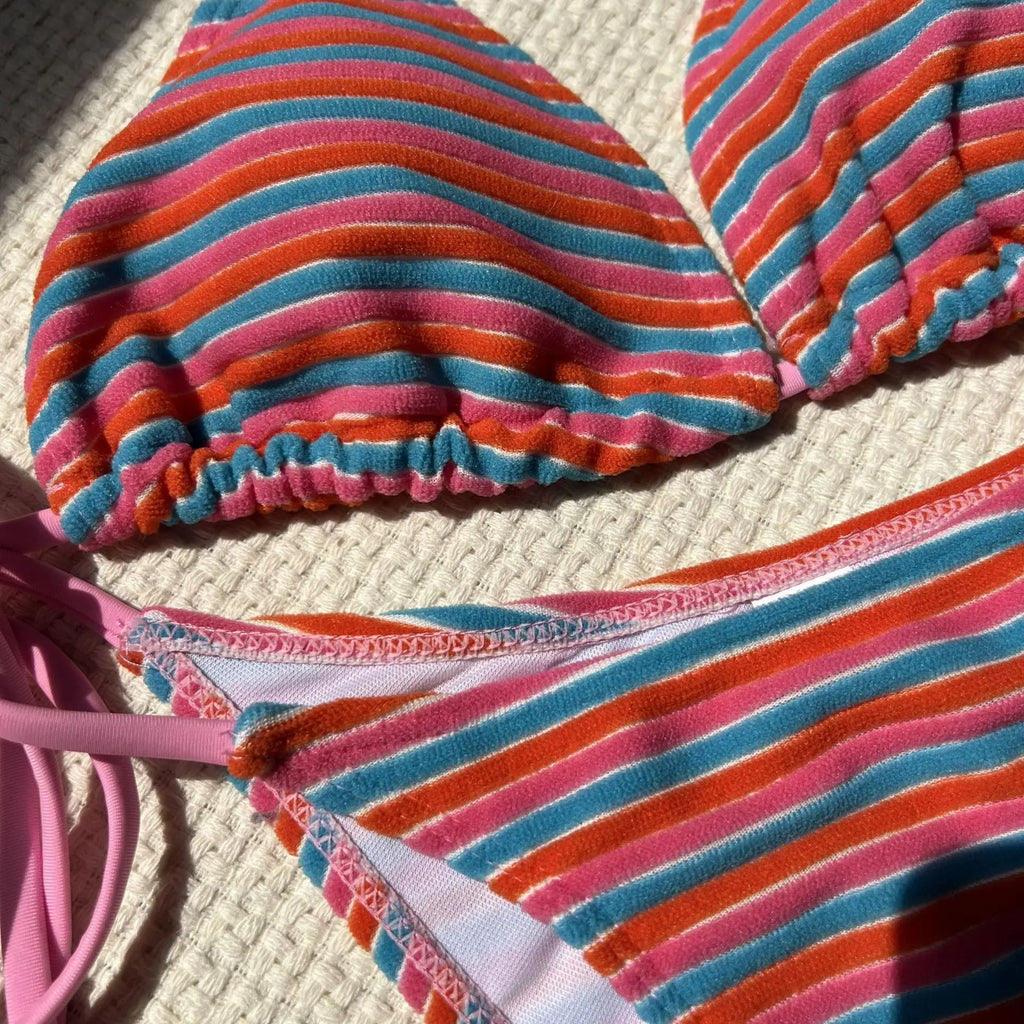 sexy terry cloth striped bikinis sets two pieces halter tie swimsuits Swimwear Biquini conjunto de bikini tankini trikini - Matrix-studios.com
