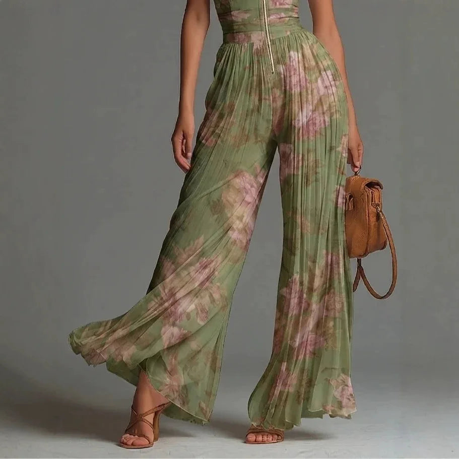 Women Elegant Chiffon Sleeveless Jumpsuit High Waist Pleated Flowy Wide Leg One Piece Overalls Holiday Casual Streetwear Rompers - Matrix Studios