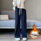 Winter Women Fleece Wide Leg Long Pants Thicken Warm Winter Stright Long Elastic Waist Trousers Casual Loose Female Botton Pants