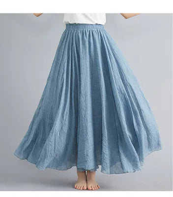 28-Color Mori Girl Literary Cotton Linen Dress Elastic Waist A-line Expansion Skirt Solid Color Ethnic Style Women Long Skirts - Matrix-studios.com