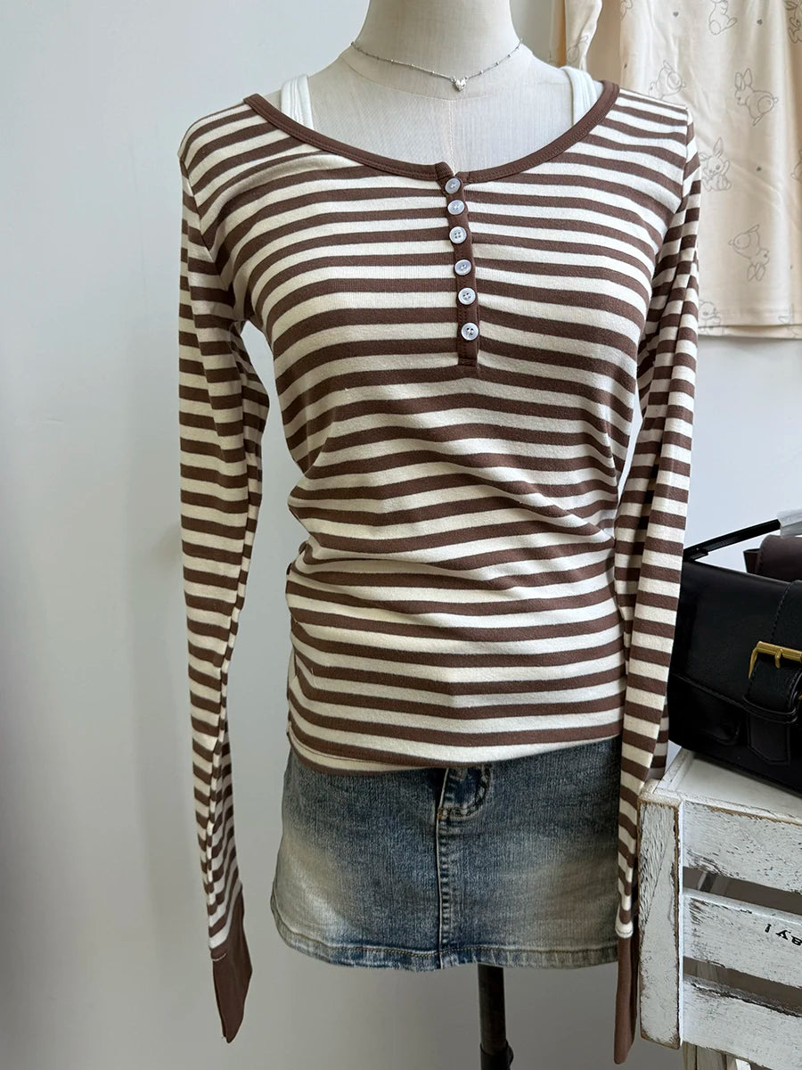 Pink Striped Slim Long Sleeve Tees Women Spring Casual Cotton O-neck Tshirt New Tops Clothes Sweet Cute  Vintage T-shirts Y2K - Matrix-studios.com