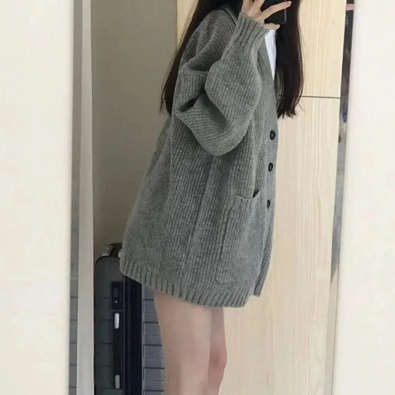 Korean College Style Single Breasted Cardigans Loose and Lazy V-neck Big Pocket Knitted Cardigan Women's Popular Coat Sweater - Matrix Studios