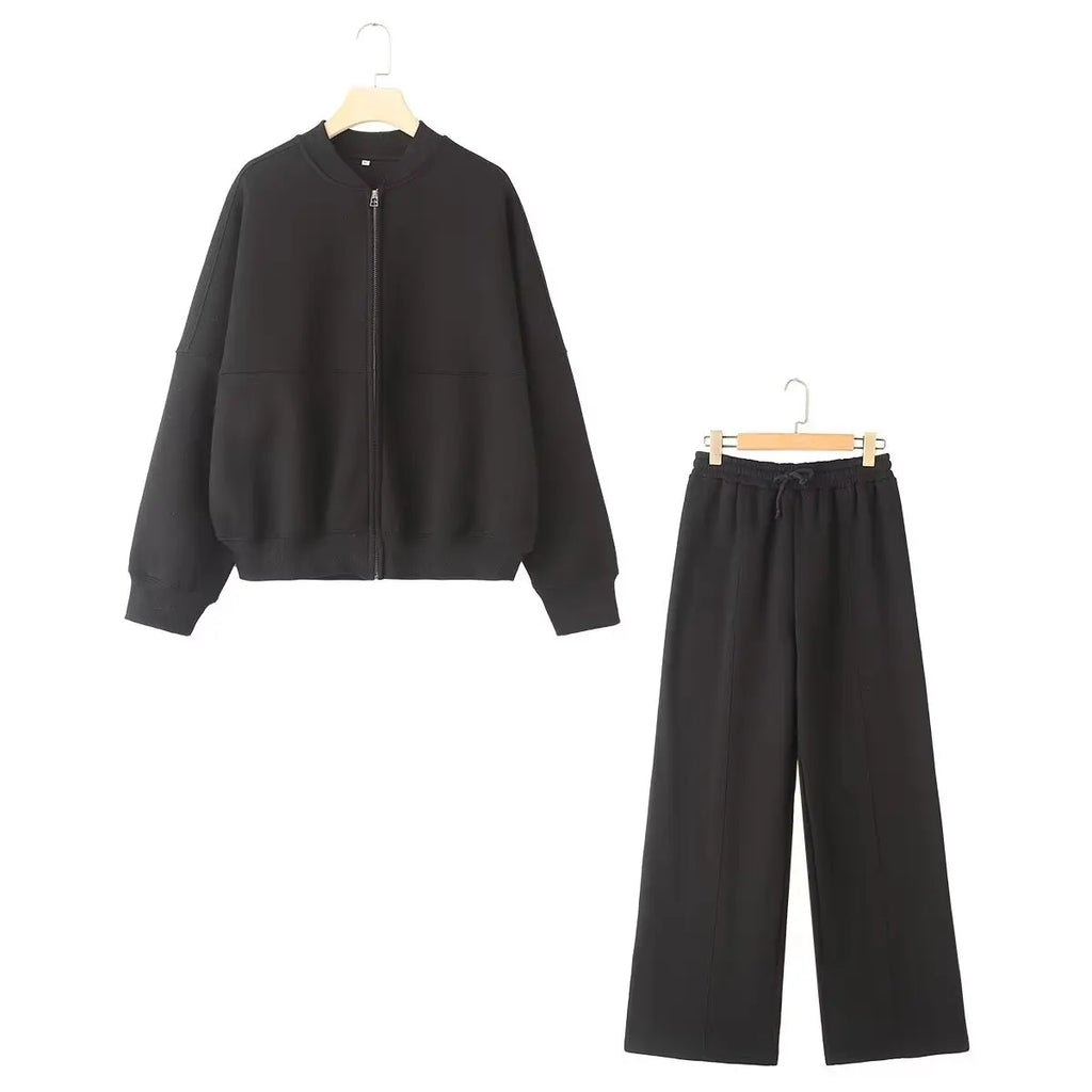 HH Women's Fall 2-Piece Retro Solid Color Zip Bomber Jacket Sweatshirt+High Waist Lace Up Women's Wide Leg Pants Street Wear - Matrix-studios.com
