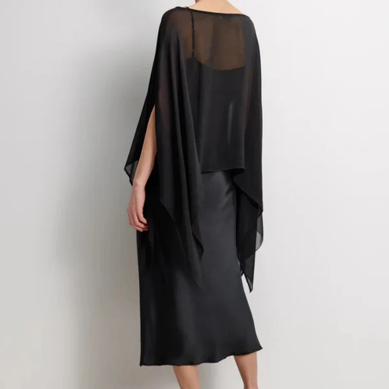 Women Chiffon Shawl Wrap Sheer Mesh Asymmetrical Flowy Cape Cover Up Poncho Top Elegant Bridal Capelets - Matrix Studios