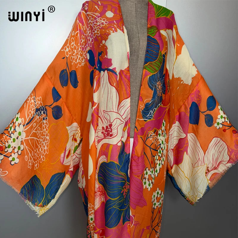 WINYI Africa Fashion Kimono Maxi Dress Beach Cover Up Cardigan Boho Coat Print Caftan Beach Outfits Women Abaya Dubai Luxury - Matrix Studios