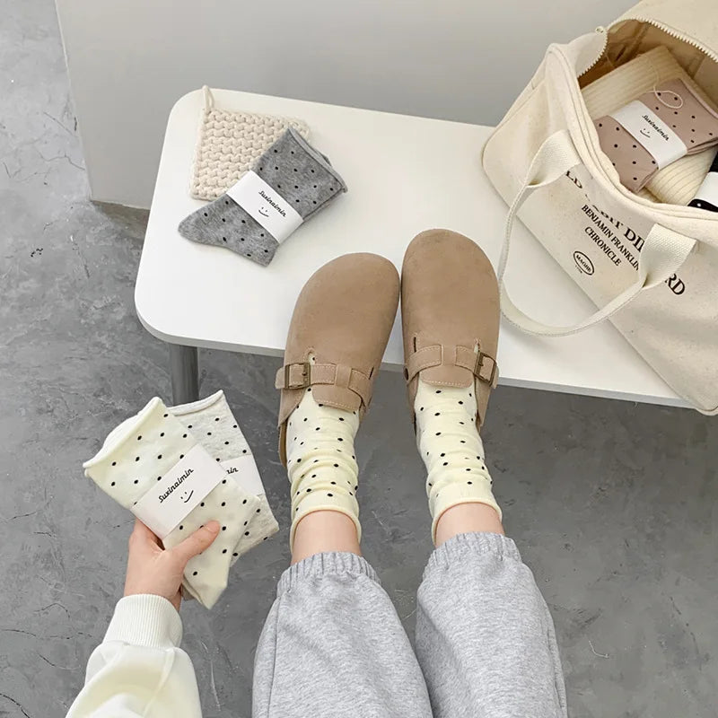 Women's spring summer thin vintage cream curled-edge women's socks polka dot mid-tube socks artistic socks women - Matrix Studios