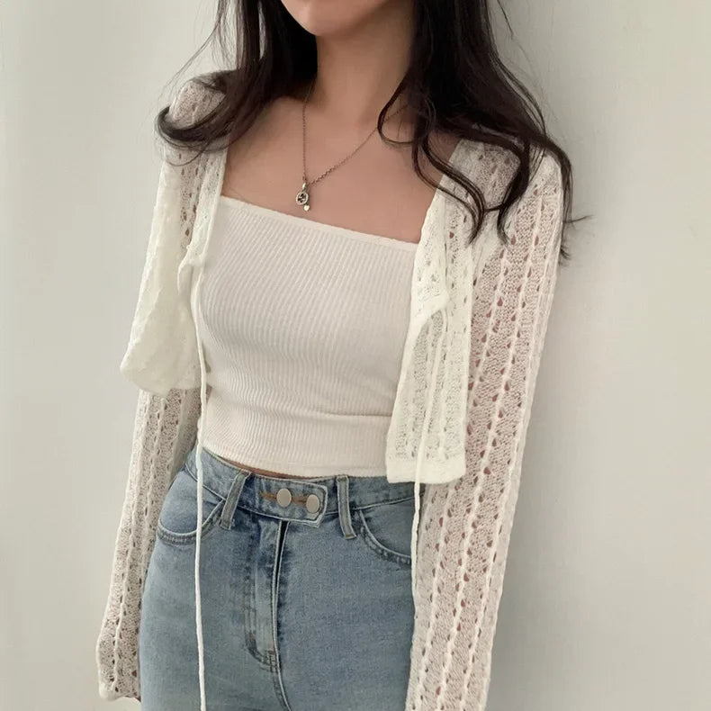 Women Tie Front Crop Cardigan Sheer Openwork Crochet Knit Top Lightweight Bolero Sweater Summer Fairycore Boho Chic Beach Outfit - Matrix Studios