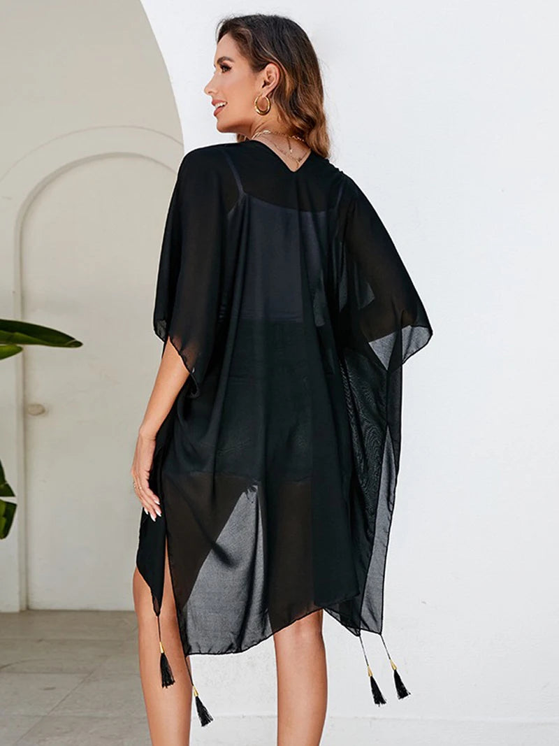 Simple Pure Color Chiffon Beach Bikini Cover Ups Swimwear Women Summer Sun Protection Cardigan Leisure Travel Cape Long - Matrix Studios